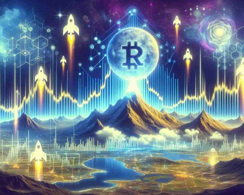 High-definition realistic image of the concept 'Crypto Revolution Ahead'. Picture a digital landscape representing a cryptocurrency ascension, particularly symbolizing the rise of XRP. Use visual metaphors such as ascending graphs, soaring rockets, or mountainous terrains to portray the concept. Include an atmosphere of radical change, progress and an idea of more substantial market moves hinted at by symbolic elements. Ensure the graphics and images used are visually representative of technology and finance.