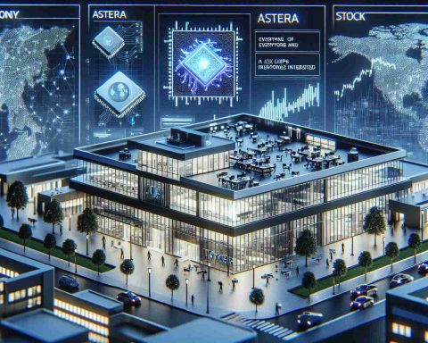 High-definition, realistic photograph of a conceptual technology company named Astera Labs. The image features a modern office building with state-of-the-art facilities as the home of the company, and an array of futuristic AI chips being developed and displayed. The image signifies a stock that everyone is interested in. Please note that this request does not refer to any real-world company or stock, but purely a fictional entity.