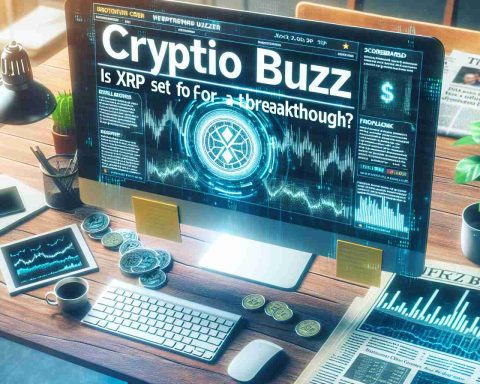 Generate a high-definition, realistic image of a digital currency news headline stating 'Crypto Buzz: Is XRP Set for a Breakthrough?' The headline should be bold and attention-grabbing, perhaps placed on a computer screen or newspaper page. The screen should also contain related areas such as scoreboards of other cryptocurrencies, financial graphs, and charts to create a more believable context. The surrounding environment might show partially visible keyboards, coffee cups, or office items.