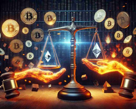 Generate a realistic HD image that symbolizes a legal battle related to cryptocurrency. The scene could include a balance scale signifying justice, a gavel symbolizing legal action, and cryptocurrency symbols like Bitcoin or Ethereum. Additionally, incorporate fire and heat imagery to portray the intensification of the situation. Finally, include elements that suggest a potential shift or change in control, such as a glowing, powerful hand passing a symbolic baton from one entity to another.