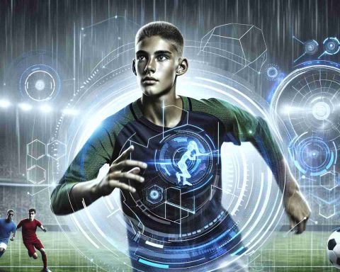 High-definition image depicting a futuristic scene of football being transformed by technology. Showcase a female football player demonstrating her skill on the field, with augmented reality and artificial intelligence elements aiding her. She is young and athletic, with a determined gaze and a sportive physique similar to top-level football players.