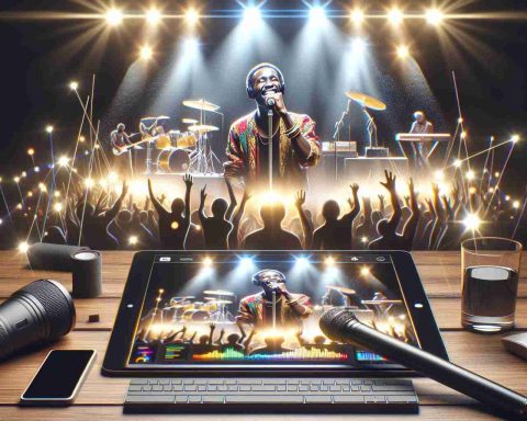 Generate a high-definition, realistic image representing a virtual concert experience. The focus is on an African star who is ever ready to perform. Show lights, a stage, and devices like smartphones and computers for streaming, reflecting the spirit of an online concert. Make sure the image radiates energy and excitement worth not missing.