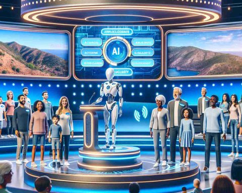 Create a realistic high-definition image that represents the future of the television show 'Family Feud,' emphasizing how Artificial Intelligence is changing the game. The image should feature a modernized set with futuristic elements, an AI replacement standing at the spot of the host, and digitally generated question boards. Show families engaged in the game, with visible excitement or amusement on their faces. Include visible signs of diversity representative of genders and multiple descents such as Caucasian, Hispanic, Black, Middle-Eastern, and South Asian. Show AI assisting in navigation and decision-making.