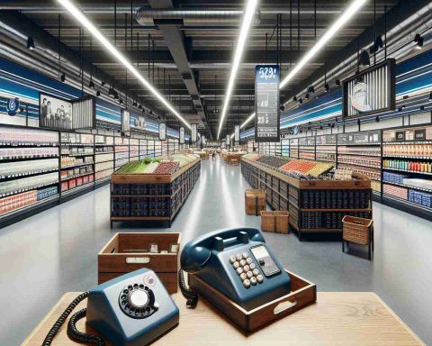 Generate a realistic HD photo of a large supermarket with a modern upgrade, featuring clean lines, advanced technology, and sleek finishes. However, the store should also have a nostalgic twist, with vintage styled signage, old-fashioned wooden bins for produce, and retro corded telephones for customer service. The color scheme should be a mix of contemporary blues and grays with splashes of classic red and white. There should be a variety of sections visible, including grocery, electronics, clothing, and more. The store should be busy with people of various descents and genders shopping or working.