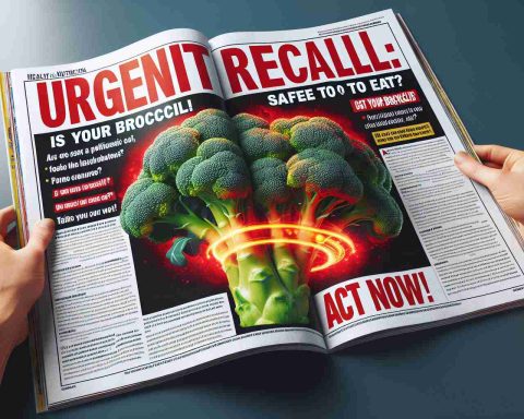 A realistic high-definition image of a published article headlined: 'Urgent Recall: Is Your Broccoli Safe to Eat? Act Now!'. The article appears in a widely-read health and nutrition magazine. The headline is bold and red, grabbing immediate attention and its backdrop, a zoomed image of broccoli with a set of dramatic, ominous lightings that ooze a sense of urgency. The page also contains smaller, subheadings detailing the health concerns raised.