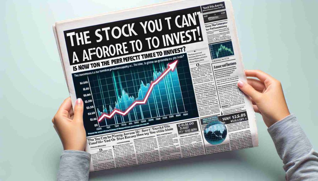 Generate a realistic and high-quality image of a newspaper article with bold headlines saying 'The Stock You Can't Afford to Ignore! Is Now the Perfect Time to Invest?' and showing a graph indicating upward trends. Mention a fictional company instead of naming a specific one.