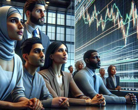 A hyper-realistic, high-definition image showing a group of diverse individuals, consisting of a Middle-Eastern woman, a South Asian man, a Caucasian man and a Black woman, attentively watching a large chart on a screen. The chart reflects fluctuating stock prices, suggesting potential for stock splits. The individuals show expressions of concentration and anticipation. The environment is a contemporary office setting with modern decorations and state-of-the-art technology, symbolic of a dynamic investment firm.