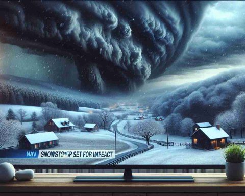 Create a realistic, high-definition image of an impending snowstorm in Middle Tennessee. Visualize dark, threatening clouds rolling in, the air growing colder, and the serene landscape of hills and houses about to be covered in a thick layer of snow. The atmosphere is heavy with anticipation and the calm before the storm can be felt. There is a weather forecast on the television screen indicating 'Brace for Impact! Snowstorm Set to Hit This Weekend!', expressing the sense of urgency and preparation.