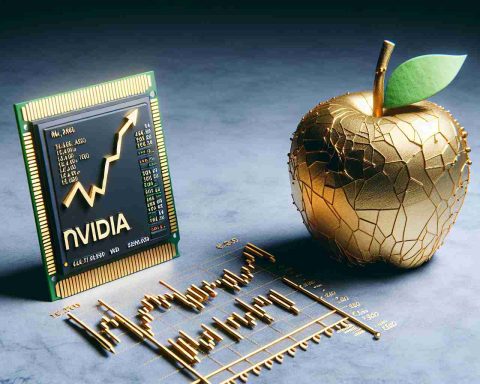 A realistic HD interpretation of a symbolic financial market scene. To represent the increasing value of Nvidia's stocks, portray an electronic chip made of gold shining brightly. On the other side, illustrate an apple made of paper showing signs of wear and tear, symbolizing Apple's decreasing stock value.