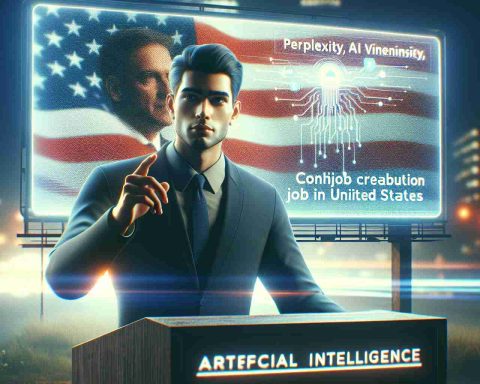 A photorealistic, high-definition image depicting a scene where a South Asian male entrepreneur, who can be interpreted as an visionary, contributing to job creation in United States. He can be seen leading an artificial intelligence startup. Please include the company logo on a digital billboard or screen in the background, indicating the name 'Perplexity AI'.