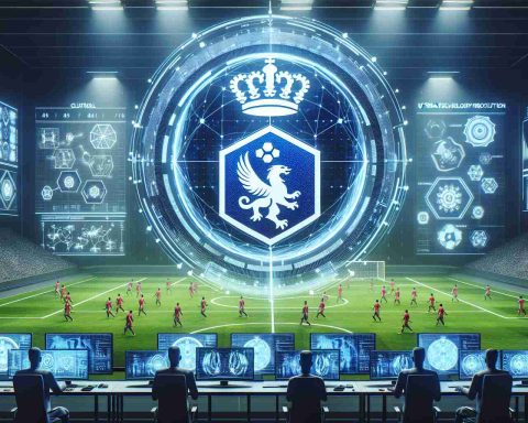 Visualize an ultra high-definition image of a future technology revolution in a renowned football club. In this scenario, innovative algorithms and artificial intelligence mechanisms are being used in scouting and recruiting fresh talents. To symbolize the club, include an emblem that's inspired by a royal crown and closely associated with football but does not mimic any real-world club designs. The backdrop is filled with screens displaying intricate datasets, football strategy diagrams, and a hive of activity caused by analysts studying player statistics.