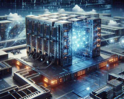 A high-definition, realistic image that metaphorically represents the big leap in quantum computing. This could involve a large, futuristic supercomputer with glowing quantum bits, nestled in a high-tech laboratory. Surrounding the lab, there could be symbolic representations of cybersecurity, like high-tech firewalls and complex encryption mechanisms, suggesting a turning of a new chapter in cybersecurity.