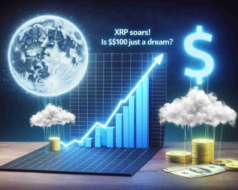 A high-definition, realistic visual representation of the statement 'XRP Soars! Is $100 a Reality or Just a Dream?' with an upwards-trending line graph to symbolize the soaring of XRP, consequently implying a booming cryptocurrency market. The question pertaining to the validity of the $100 value is visually depicted through a dreamlike cloud on one side and a clear, solid reality portrayal on the other. Use contrast techniques to distinguish between the two possibilities.