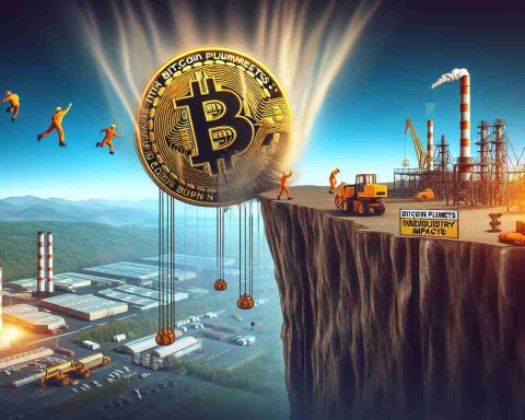 Create a realistic, high-definition image that symbolically represents the sudden drop in Bitcoin's value. This should include a graphical representation of the Bitcoin logo on the verge of plummeting from a cliff, and various industrial elements surrounding the scenario, signifying the industry being affected. The text 'Bitcoin Plummets: What’s Behind the Sudden Drop? Industry Impacts' should be included as a headline or caption.