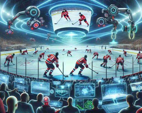 A high-definition image that depicts the revolutionary moments in sport brought by technology. The scene is an ice hockey game, with players wearing red and black uniforms, like the New Jersey Devils. Digital enhancements swirling around the scene; virtual-reality viewers, large touch screens displaying real-time statistics, futuristic helmets equipped with augmented reality overlays, and robotic cameras zipping along cables overhead. The crowd is a mix of genders and descents, everyone is digitally connected, watching the game through a mixture of physical and digital experiences, indicating the tech revolution.