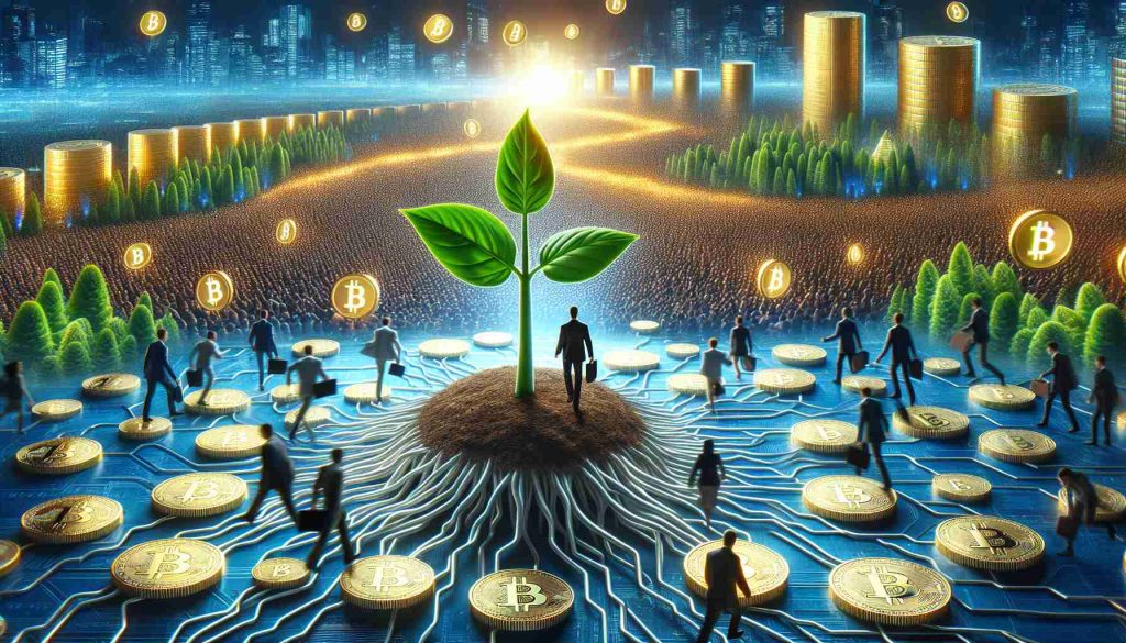 Realistic HD image that metaphorically represents the ambitious expansion of a company in the cryptocurrency market. The image should illustrate a growing plant, symbolizing the growth and expansion of the company. The plant must be surrounded by golden coins, indicating the wealth associated with the market. Also, include a crowd of people in the distance rushing towards the plant, indicating a potential buying frenzy.