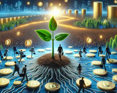 Realistic HD image that metaphorically represents the ambitious expansion of a company in the cryptocurrency market. The image should illustrate a growing plant, symbolizing the growth and expansion of the company. The plant must be surrounded by golden coins, indicating the wealth associated with the market. Also, include a crowd of people in the distance rushing towards the plant, indicating a potential buying frenzy.