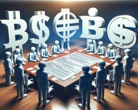 A high-definition image of large symbolic figures representing cryptocurrency, standing around a conference table covered with documents detailing seven-figure donations. The atmosphere is serious and tense, signifying major bets under consideration. Note, the image doesn't depict any real person or public figure.