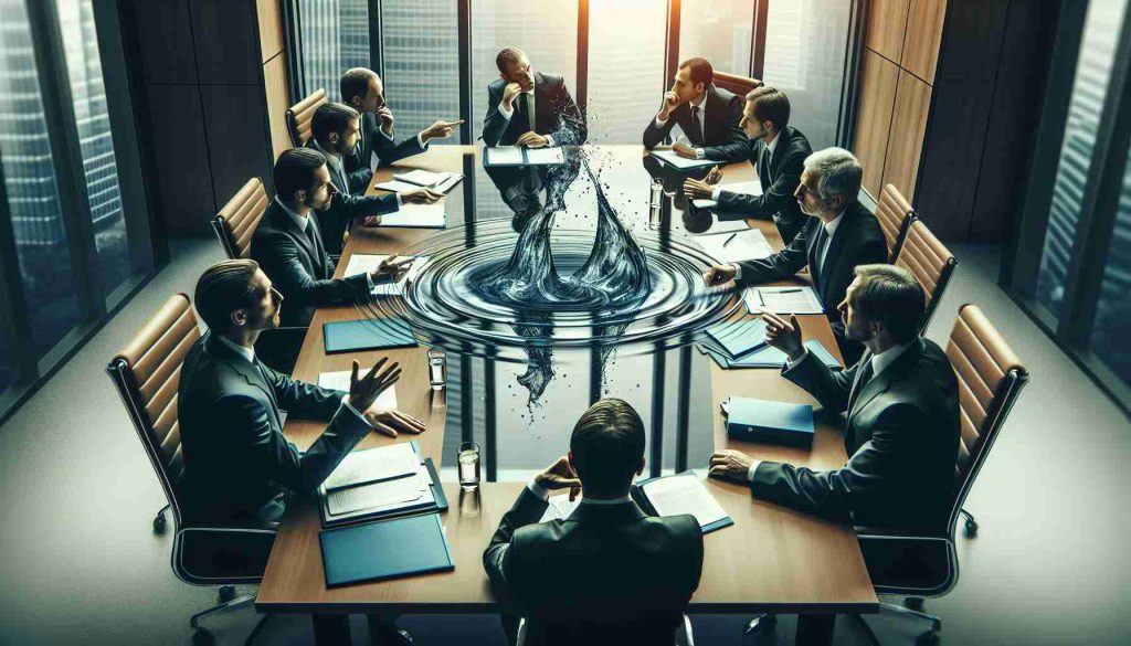 Generate a realistic HD photo depicting a high tension negotiation scene, possibly in a modern corporate boardroom or courtroom setting, visualizing the metaphorical 'ripple' effects. Maintain a serious business-like atmosphere, with documents scattered on a table and professionals in suits engaged in a heated discussion.