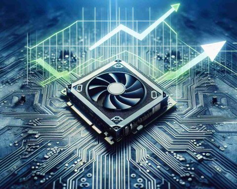 Generate a high-definition photo illustrating the concept of a future that looks bright for a technology company specializing in graphics processing units (GPUs). Depict a rising graph or chart symbolizing growth and success, coupled with a graphic representation of advanced GPUs technology.