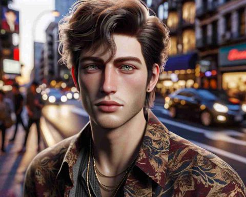 A highly realistic, high-definition image of a contemporary style icon. He is a digital clone of a popular young actor, recognizable by his distinct fashion sense which often revolutionizes the industry. This digital clone sports messily stylish brown hair, piercing green eyes, and notably high cheekbones. He's draped in high-end fashion: a vintage patterned shirt with long sleeves, carefully torn jeans and a pair of leather boots. The clone is posed against a backdrop of vibrant city life. Note: While the character to be depicted resembles a certain young actor, this is a creation of artificial intelligence, not an exact replication.