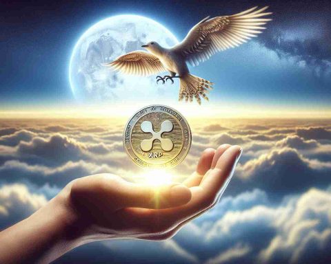 A realistic, high-definition image showing the concept of achieving financial freedom, symbolized by a soaring bird in the infinite skyline. In the foreground, there is a hand holding a physical representation of XRP, a type of digital currency. The hand and coin are strongly lit, emphasizing the potential of XRP as the 'secret' to financial independence.