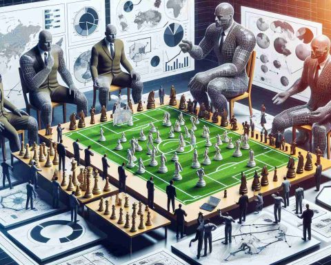 Generate a high-definition, realistic image of a conceptual setting where large figures - symbolizing giants - are gathered together around a strategic planning table filled with various diagrams, charts, and models of football fields. These giants are in deep discussion, indicating significant changes. Metaphoric elements such as oversized chess pieces and terrain models are also present to signify 'revolutionizing' team strategies. There's an inherent tension and an air of expectation in the scene, expressing the major changes that are looming ahead.