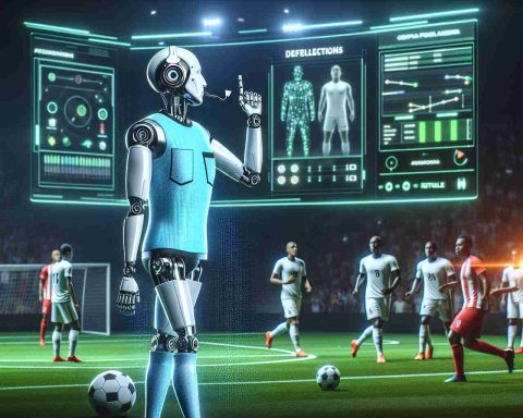 Generate a high-definition, realistic image of an AI Referee concept set to be present in a significant international football match at the 'Copa Pacifica 2024'. The AI referee could be depicted as a sleek, cutting-edge robot similar to a humanoid, carrying a whistle, and watching the game attentively. The virtual display behind can show details about upcoming decisions in real-time. Also include football players, gender and descent diversely mixed, in the foreground preparing for a potential penalty shot.