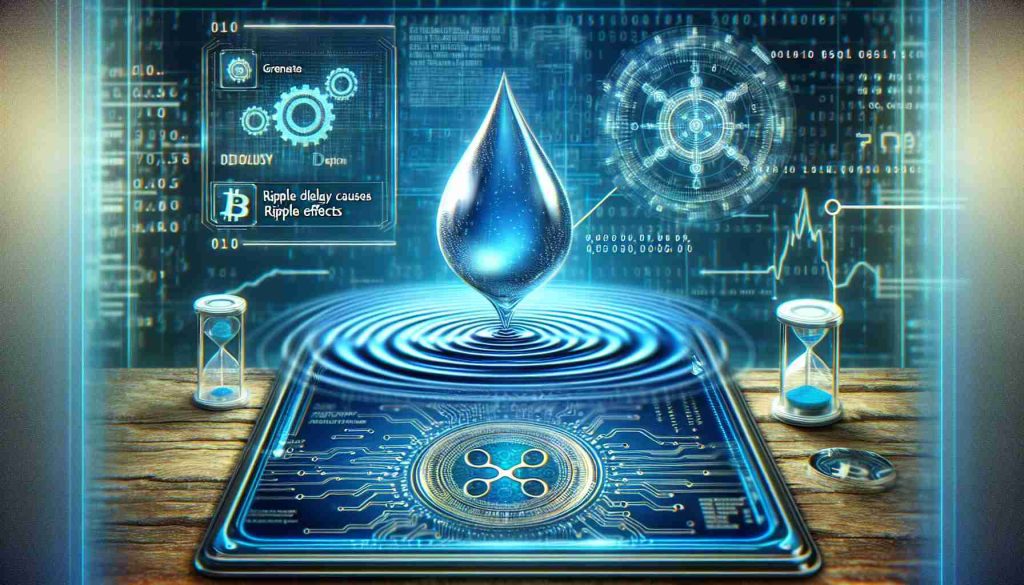 Generate a realistic high-definition image illustrating the concept of 'ripple delays causing ripple effects,' possibly symbolized through visual metaphors like a droplet causing ripples in a water body. Additionally, include an image of a futuristic-looking navigation device to represent future plans, with cryptic symbols on its display to hint at the changing course of cryptocurrency.