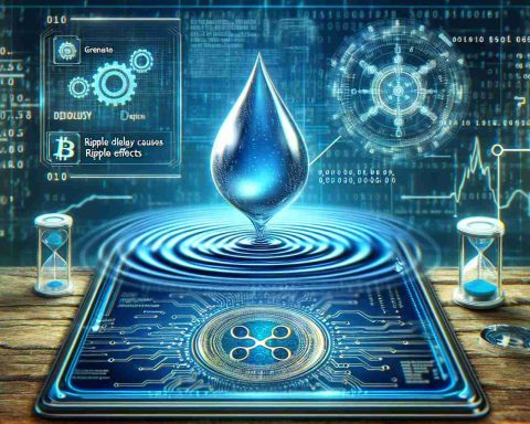 Generate a realistic high-definition image illustrating the concept of 'ripple delays causing ripple effects,' possibly symbolized through visual metaphors like a droplet causing ripples in a water body. Additionally, include an image of a futuristic-looking navigation device to represent future plans, with cryptic symbols on its display to hint at the changing course of cryptocurrency.