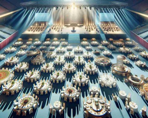 A high-resolution photograph depicting a significant event day with noticeable absences. Visually represent those absences through empty seats, untouched buffet tables, and vacant stages, symbolizing big names and big plans that are missing from the event.