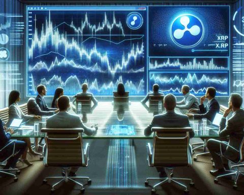 A high-definition, realistic image illustrating a group of investors eagerly focusing on Ripple's XRP digital currency. They could be seen sitting at a modern glass conference table with computers, showing dynamic charts and graphs about XRP's performance. The atmosphere in the room is intense yet excited, reflecting anticipation for the exciting new token.