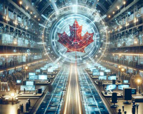 Generate a detailed, high-definition image representing the concept of 'The Future of Technology'. Depict a technologically advanced environment with futuristic devices and infrastructure. This tech utopia is represented as a product of a Canadian company. Include symbols that associate with Canada, such as the maple leaf, without directly naming or referencing any particular company.