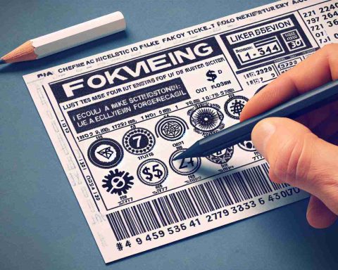 Create a high-definition photo of a hyper-realistic fake lottery ticket. The ticket should appear as if it's a winning ticket, but upon closer inspection, intricate details and subtle hints would reveal it to be a clever forgery. Include interesting elements like unique, deceptive symbols and misleading number sequences.