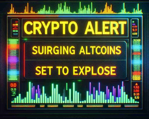 High-definition image of an electronic panel displaying a message 'Crypto Alert: Surging Altcoins Set to Explode'. The panel has a dark background with bright, neon-colored text. The words 'Crypto Alert' are at the top in a bold, large font with a yellow color. Below this, the words 'Surging Altcoins Set to Explode' are shown in a slightly smaller font with a vibrant red color, giving a sense of urgency and warning. The background of the panel is filled with fluctuating lines and bars representing different altcoin statistics in green, blue, and purple tones.