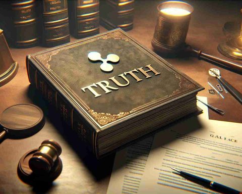 A high-definition, realistic image that signifies the resolve of a legal team from a prominent cryptocurrency firm, in response to allegations by a well-known politician. The scene includes a closed book labelled 'Truth', legal documents, and the logo of the cryptocurrency firm, Ripple. Please animate the scene with the intensity and gravity of a legal battleground.