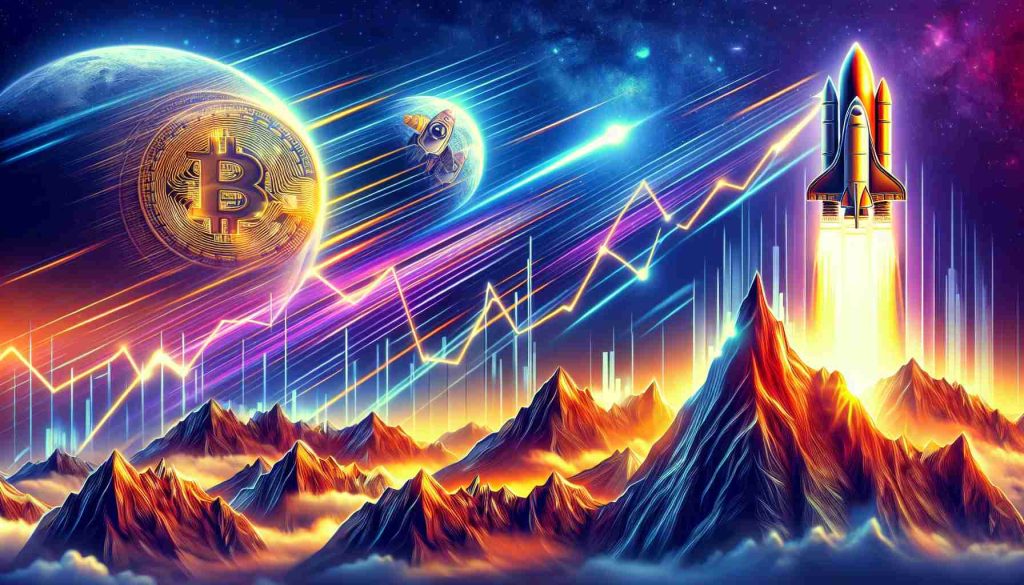 Generate a realistic, HD image of a visual metaphor representing a financial surge in digital cryptocurrency, particularly focusing on XRP and Dogecoin. Visualize this as a graphical chart showing the dramatic rise of these two digital currencies, reaching new heights that could be symbolized by mountain peaks or a rocket blasting off into the cosmos.