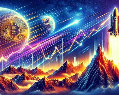 Generate a realistic, HD image of a visual metaphor representing a financial surge in digital cryptocurrency, particularly focusing on XRP and Dogecoin. Visualize this as a graphical chart showing the dramatic rise of these two digital currencies, reaching new heights that could be symbolized by mountain peaks or a rocket blasting off into the cosmos.