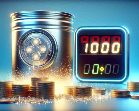 A high-definition, photorealistic image displaying a metallic can filled with stacks of 10,000 XRP coins. To the side of the can, there's a dynamic countdown timer surrounded by shimmering stardust, representing the anticipated road to financial freedom. The background is a gradient of soothing blues, symbolising stability and optimism.