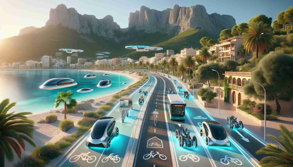 A high-definition, realistic image of a futuristic transportation system on the island of Mallorca. The scene captures state-of-the-art vehicles ushering in a new era of island mobility. Include elements such as modern electric cars, solar-powered buses, hovering motorcycles, and efficient cycling paths. Balance the futuristic elements with the natural beauty of the island. Think verdant mountains rising in the distance, shimmering turquoise waters, palm trees swaying gently in the breeze, and charming Mediterranean architecture.