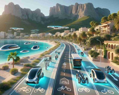 A high-definition, realistic image of a futuristic transportation system on the island of Mallorca. The scene captures state-of-the-art vehicles ushering in a new era of island mobility. Include elements such as modern electric cars, solar-powered buses, hovering motorcycles, and efficient cycling paths. Balance the futuristic elements with the natural beauty of the island. Think verdant mountains rising in the distance, shimmering turquoise waters, palm trees swaying gently in the breeze, and charming Mediterranean architecture.