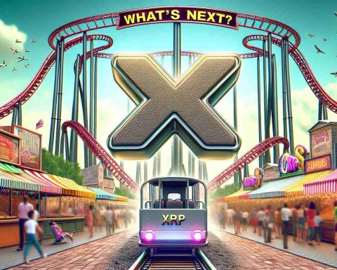 A realistic, high-definition image of a rollercoaster with the letters 'XRP' boldly embossed on the front cart. Surrounding the rollercoaster is a vibrant marketplace bustling with activity, giving the sensation of thrilling potential. A banner overhead reads 'What's Next?', hinting at the uncertainty and excitement of what future developments might unfold.