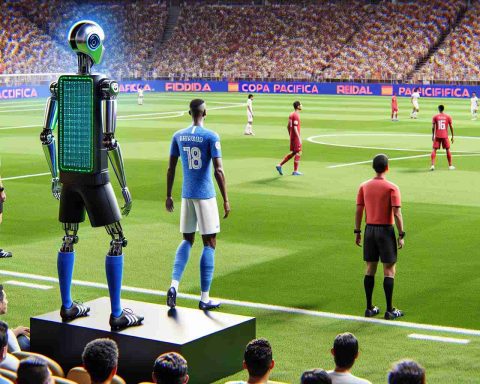 A high definition, realistic image of the Copa Pacifica Final for football, significantly revolutionized by the introduction of AI referees. The modern AI referee unit stands on the vibrant green field, using sophisticated technology to monitor the game. The players, spectators, and traditional assistant referees watch in awe as the futuristic referee unit efficiently and impartially controls the game. For diversity, the game features a mix of players of Caucasian, Hispanic, Black, Middle Eastern, and South Asian descent.