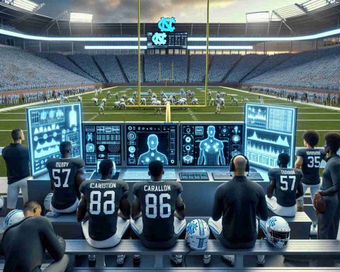 A high-definition, photorealistic image of an artificial intelligence system being implemented in college football. Imagine this scene at the University of North Carolina, known for its significant contributions to the sport. The AI could be visualized as an advanced computer setup on the sidelines, bustling with data and strategy options. Include players on the field, showing a diverse set of ethnicity and genders, such as Caucasian, Hispanic, and Black players of both genders intermixed. Coaches and staff are also interacting with the AI, expressing a spectrum of reactions from awe to focused concentration.