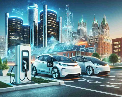 A detailed and realistic high-definition image representing the bright future of electric mobility in Detroit. The scene showcases modern electric vehicles parked next to newly installed charging stations. The urban backdrop of Detroit is imbued with signs of sustainable progression, including brightly lit skyscrapers powered by renewable energy and streets filled with greenery. Elements that communicate technology, sustainability, and future-oriented progress should be present in the composition of the image.