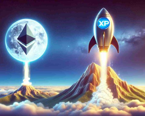 Create a high-definition, realistic image that symbolizes the cryptocurrency XRP soaring sky-high, in comparison to Ethereum. Depict XRP as an omni-directional rocket jetting upwards and Ethereum as a mountain, signifying the metaphorical 'overtaking'. Do not use personalities or references to real people.