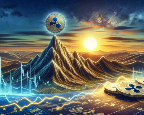 Create a highly detailed, metaphorical representation of the rise of Ripple's XRP cryptocurrency. This should be an intricately detailed, realistic, and high-definition image. Depict a mountain peak, symbolizing the new heights Ripple's XRP aims to reach, with a sunrise backdrop representing new opportunities. Use visually appealing associated imagery, like coins, charts, and graphs subtly incorporated into the scene.