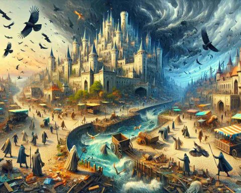 Create a high-definition image illustrating the concept of 'Chaos Unleashed'. Visualize a kingdom in the throes of unexpected and tumultuous circumstances, with surprising twists seeming to change the course of events. The kingdom could be sprawling with towering castles, elaborate gates, and a labyrinth of cobblestone streets. There should be manifestation of chaos like overturned market stalls, crows swirling in the sky, and ominous clouds gathering. Pictorial elements like a sudden storm, characters running erratically in the streets or an upturned royal carriage could also be included to depict the surprising turns of events.