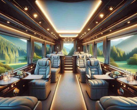 An intricately detailed realistic high-definition image that encapsulates the joy and comfort of travelling. The scenery features a deluxe, spacious interior of a luxury travel vehicle, with plush seats, abundant legroom, and panoramic windows revealing a breathtaking natural landscape outside. The ambient lighting creates a soothing atmosphere, complemented by modern amenities and conveniences, illustrating the pinnacle of comfort and travel standards. The interior design impeccably matches the lush green scenery outside, creating a harmonious blend of luxury and nature, depicting a sense of ultimate comfort on the go.