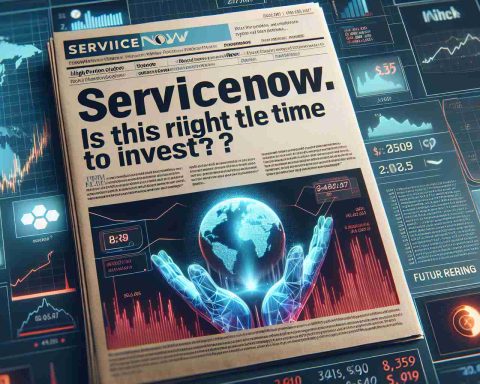 Create a high-definition realistic news style image. The image displays a bold headline reading 'ServiceNow: Is This The Right Time to Invest?' followed by a subheadline that states 'Future Earnings Could Surprise You'. The background consists of economic graphs, charts and potential financial indicators indicating both risk and reward possibilities.